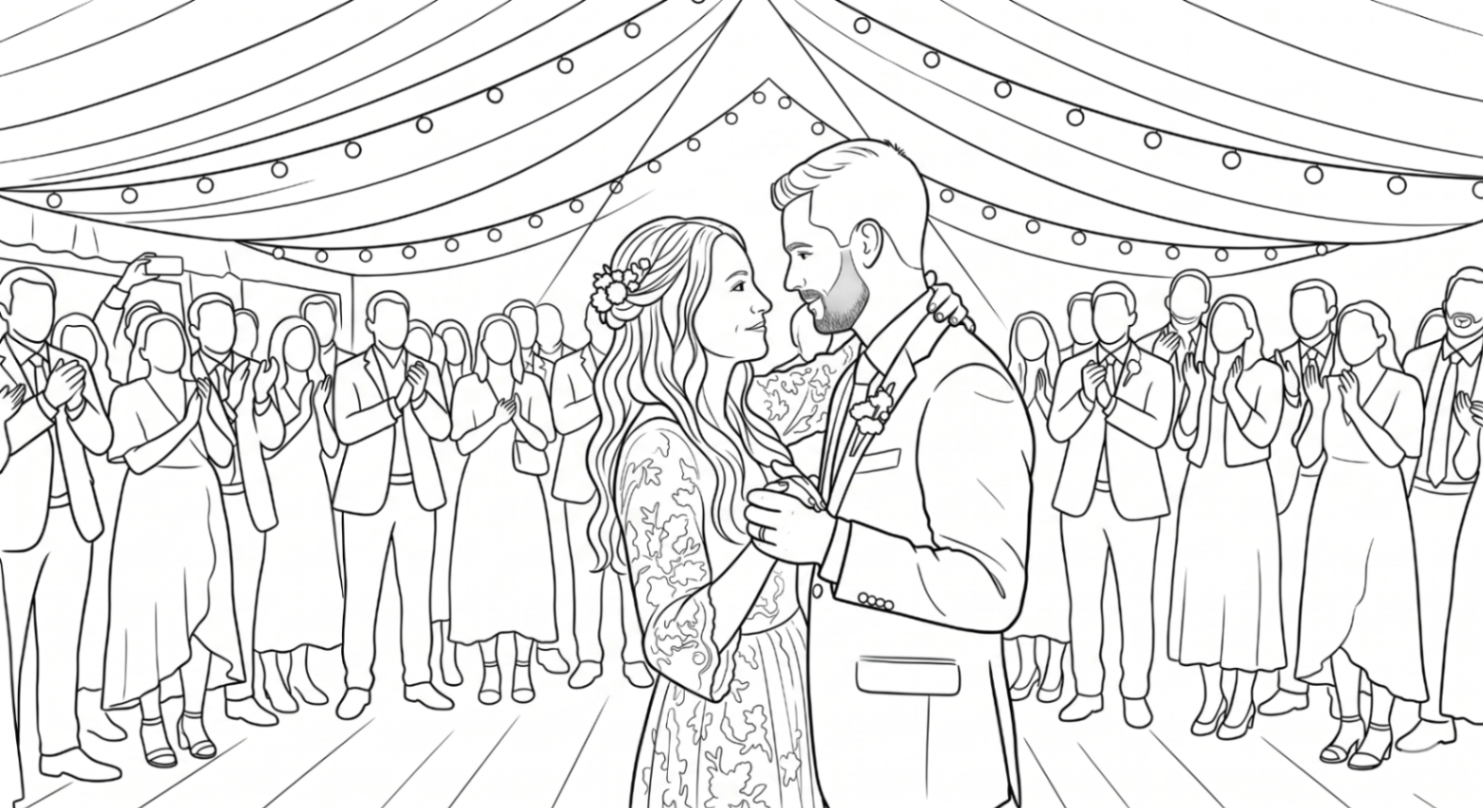 Brudpar som dansar som svartvit linjekonst